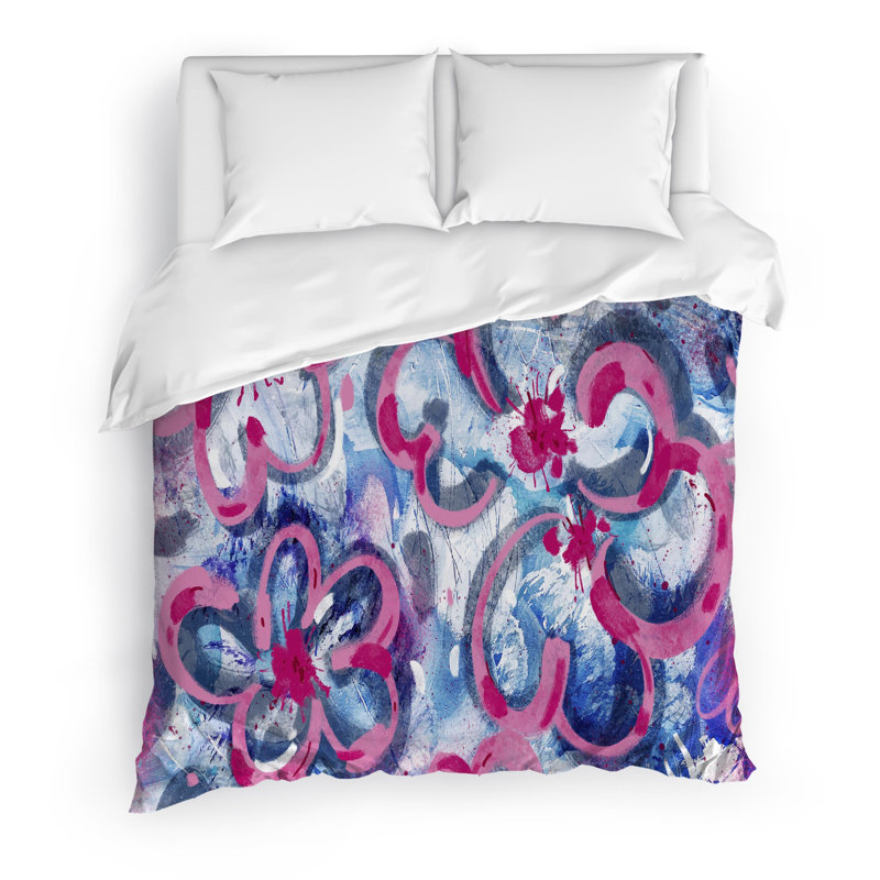 Pink Blue Flowers Polyester Duvet Cover, King Duvet Cover + 2 Pillow Cases