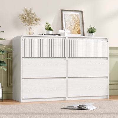 Modern 6 Drawer Dresser For Bedroom, 48" Large Fluted Wide Chest Of Drawers, Wooden Dresser Closet Organizers W/Storage Drawer & Curved Profile Design,TV Stand For Living Room, Hallway, White