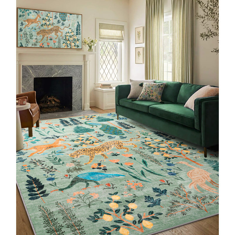 Boho Floral and Animal Print Machine Washable Area Rug, Rectangle 5' x 7'