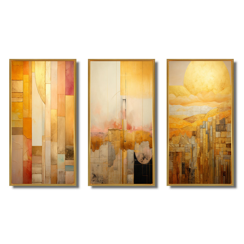 «Sunset In The Golden CIty», 3 pièces sur toile, Cadre flottant doré, H 40 po x l 60 po