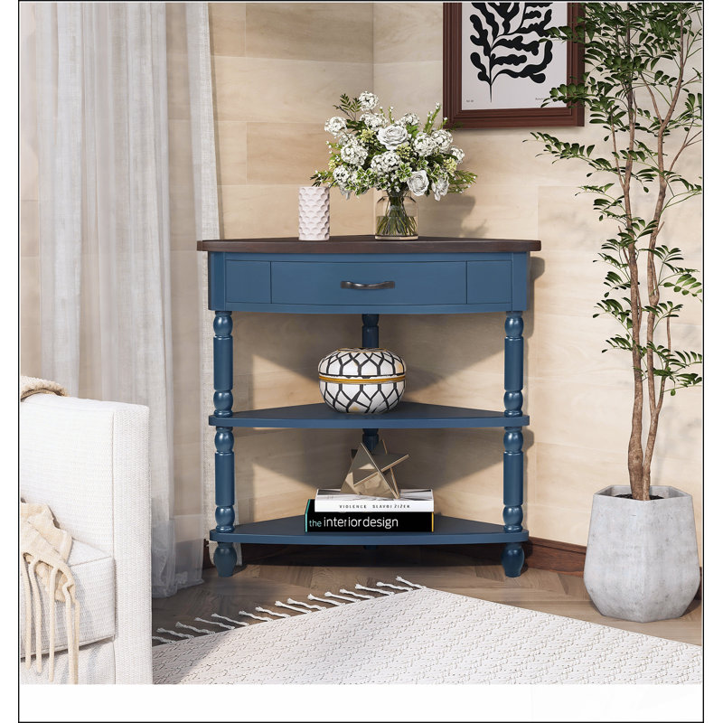 33.8'' Small Triangle Corner Table, Wood Corner Side Table for Small Spaces/ Living Room, 3 Tier End Corner Table with Solid Wood Legs