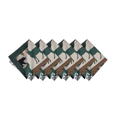 Fletcher Forest Lodge Patchwork Reversible Hatched Green 20" X 20" Machine Washable Dinner Cloth Napkin Set Of 6