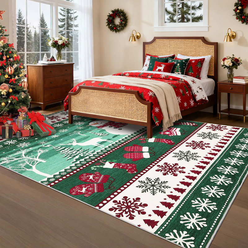 Machine Washable Area Rug Christmas Holiday Rugs Non Slip Santa & Reindeer Xmas Carpet Low Pile Non Shedding Floor Covers for Living Room Bedroom Playroom Nursery