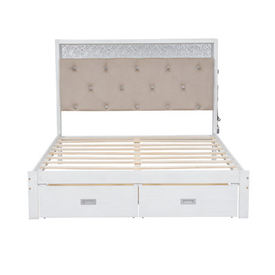 Wood Queen Size Platform Bed With Upholstered Headboard And LED And 2 Drawers, Antique White(Expected Arrival Time: 6.14) -  Ivy Bronx, DFEADC3C49E4413E85677CDDF8B1E020