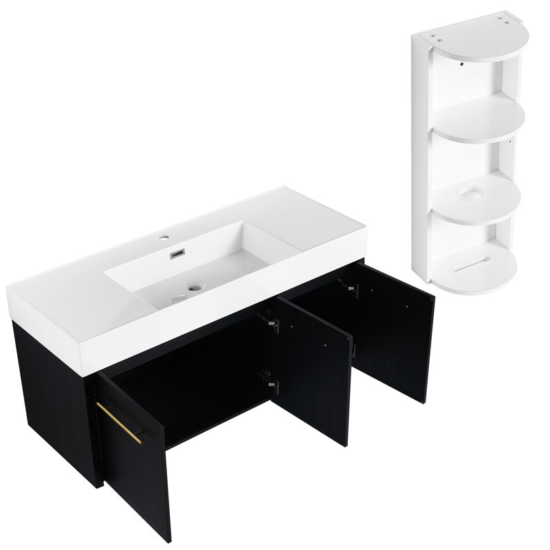 Meuble-lavabo mural de 122 cm (48 po) en châtaignier noir avec lavabo et tablette de rangement, charnières à fermeture douce, tablette de rangement, lavabo en résine épaisse, style moderne.