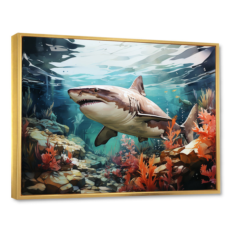 Silent Hunter Sharks Portrait IV - Beach and Ocean Wall Art Living Room, Cadre flottant doré, H 12 po x l 20 po x P 1 po