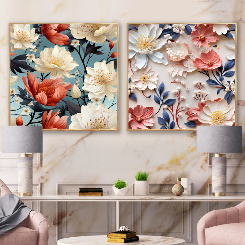 Glaude - Ensemble de 2 collages floraux carrés, Cadre flottant doré, H 30 po x l 61 po