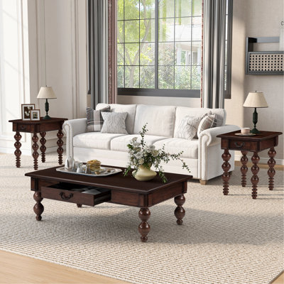 Ensemble de 3 tables basses avec tiroir, table basse vintage et 2 tables de bout pour salon, bureau, appartement, naturel