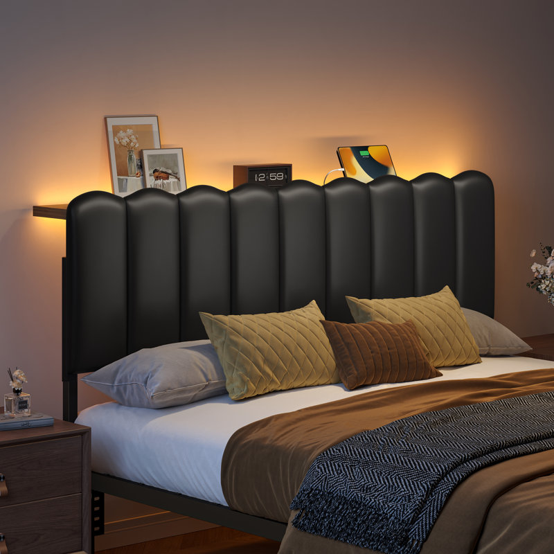 Full Size PU Upholstered Headboard with LED Lights, Adjustable Height for 8-14 Inch Mattresses, Metal Legs, Full, Black