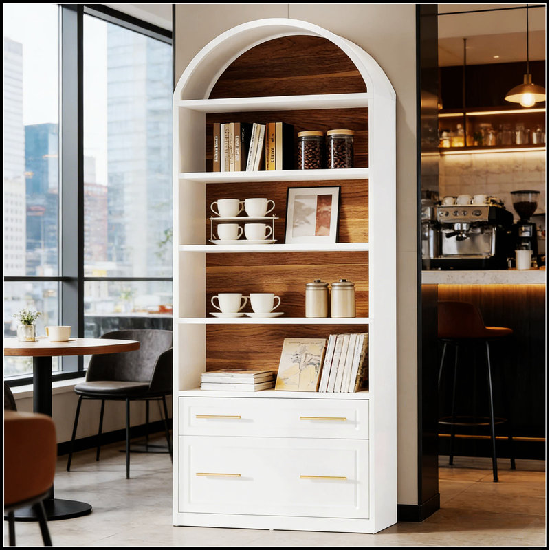 Bibliothèque utilitaire au design utilitaire, bibliothèque arquée avec élégance bicolore et beaucoup de rangement