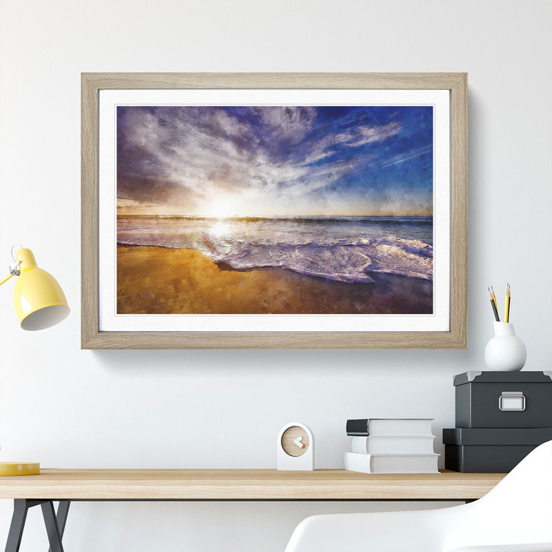 Sunset over a Californian Beach - Picture Frame Painting, 48cm H x 65cm W x 2cm D, Oak Framed