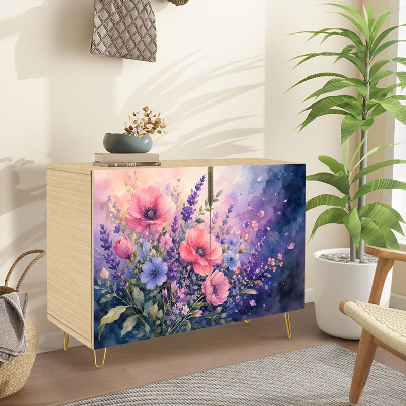 Buffet Buffet avec rangement Bouquet d'aquarelle dégradé de fleurs sauvages lavande avec 2 portes pour le salon et la cuisine