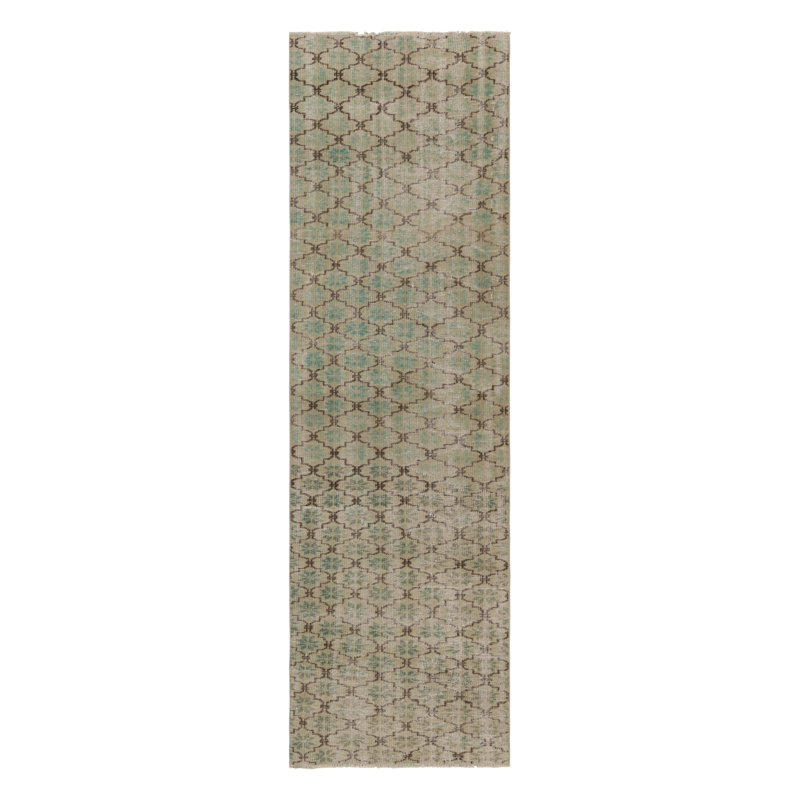 Vintage Turkish Runner Rug, Green And Beige With Geometric Patterns – Rug & Kilim