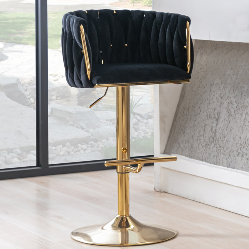 Swivel Adjustable Height Velvet Bar Stool, Black, 1