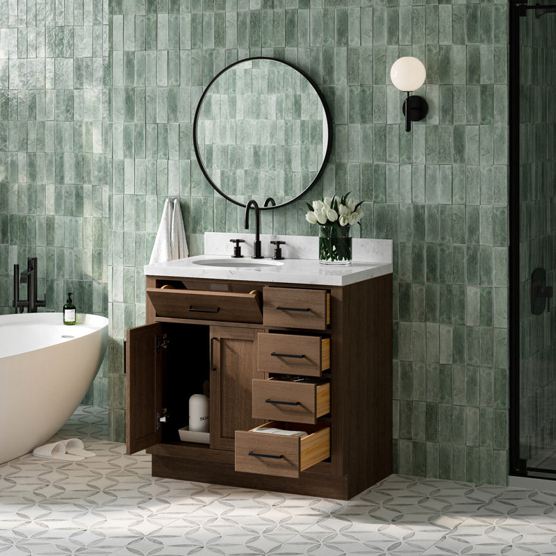 Meuble-lavabo simple en bois massif 36 po Tidworth avec plateau en quartz Carrara de 1,5 po, Gauche, Ovale, Chêne brun