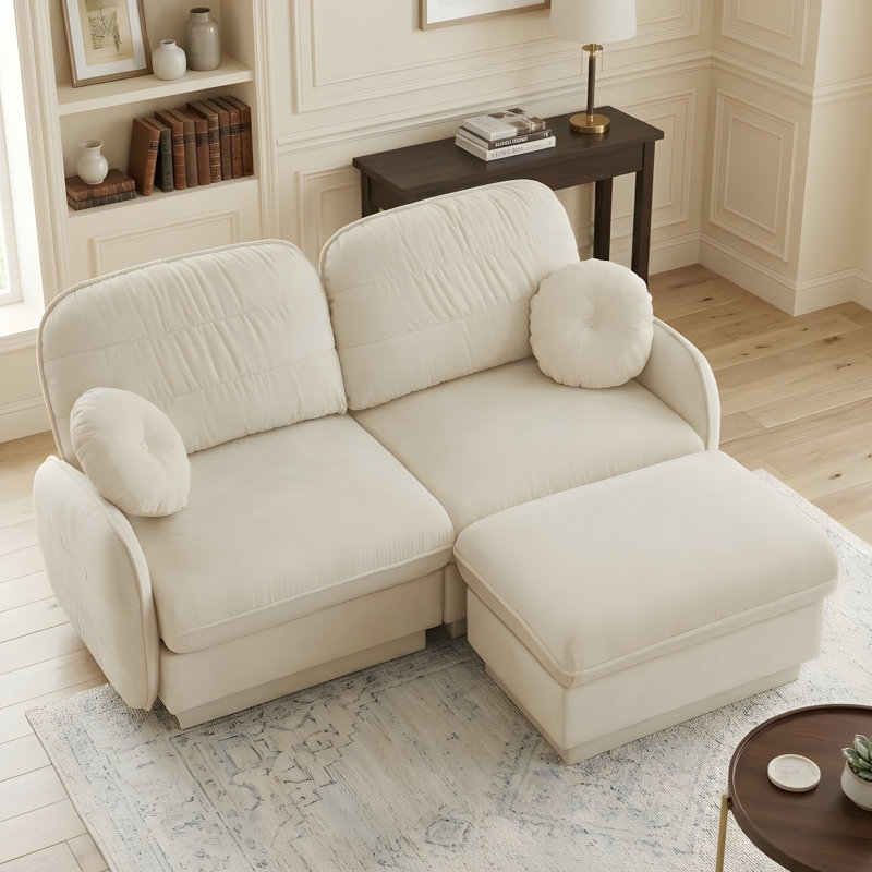 Canapé en L avec assise profonde et repose-pieds amovible, Chenille crème beige, H 37,4 po x l 73,2 po x P 57,8 po