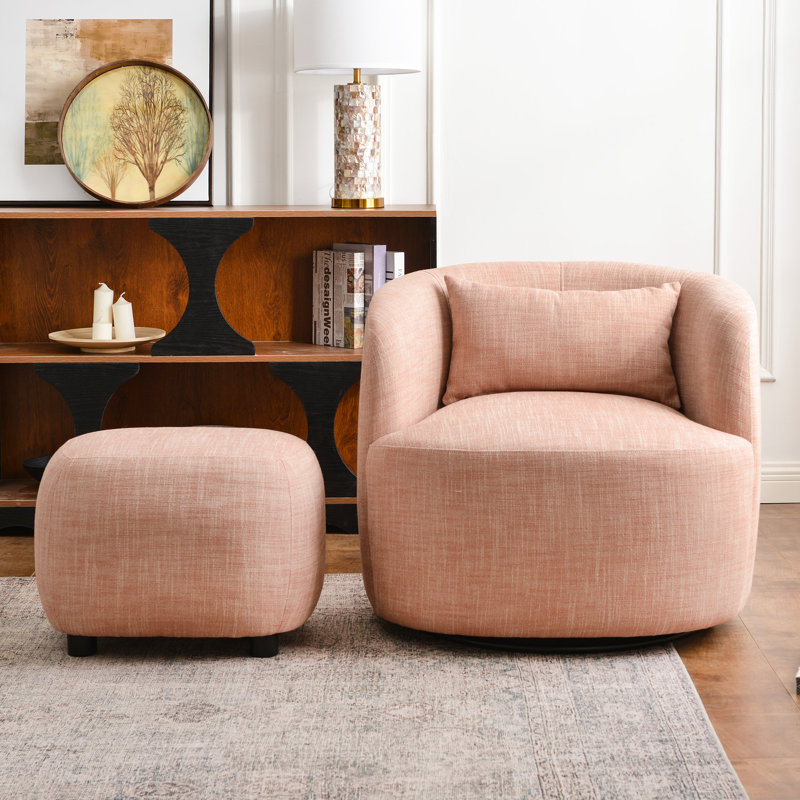 Fauteuil pivotant rembourré en lin avec repose-pieds, Corail