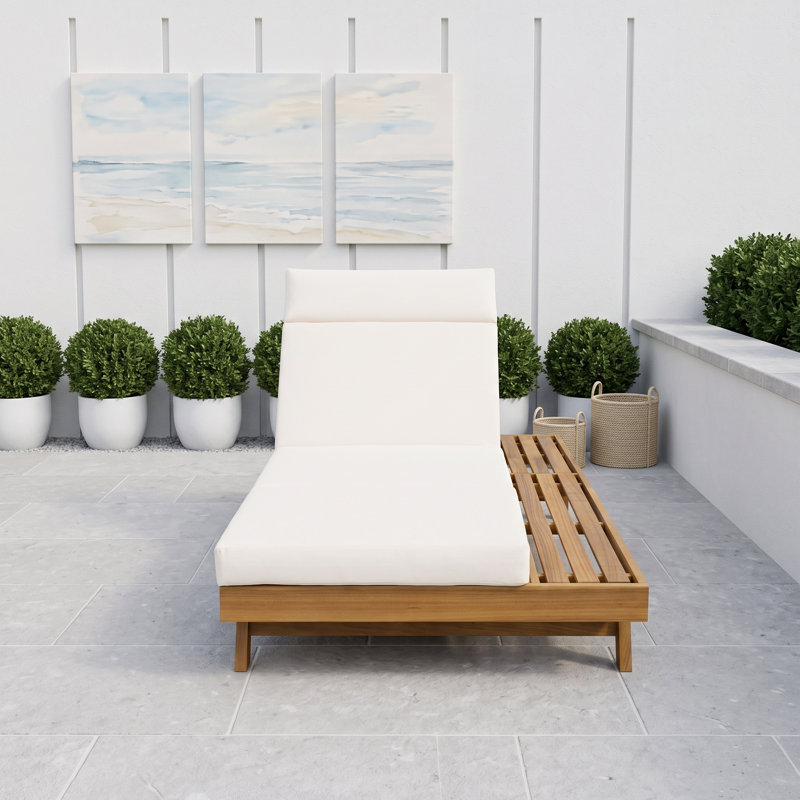 Ensemble de chaises longues en bois avec coussins et appui-tête, Teck crème