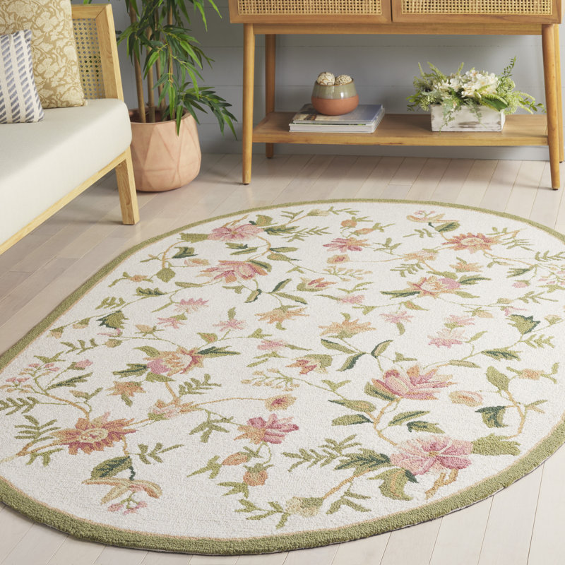 Tapis floral en laine crocheté à la main Kinchen, Ovale 3 pi x 5 pi, Beige
