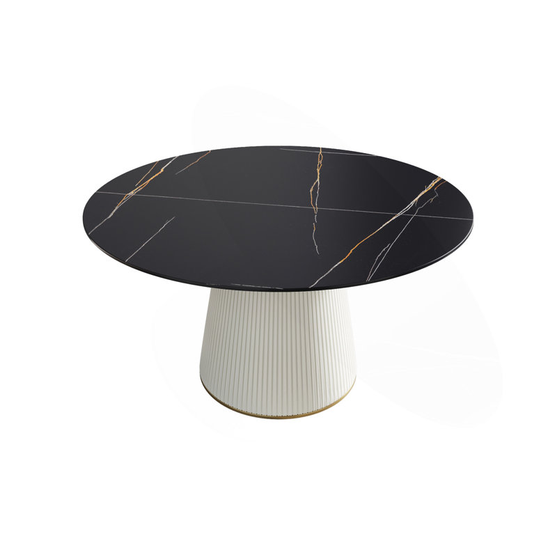 Table de salle à manger 53,15 po en pierre artificielle noire ronde avec base en contreplaqué beige et polyuréthane pouvant accueillir 6 personnes.