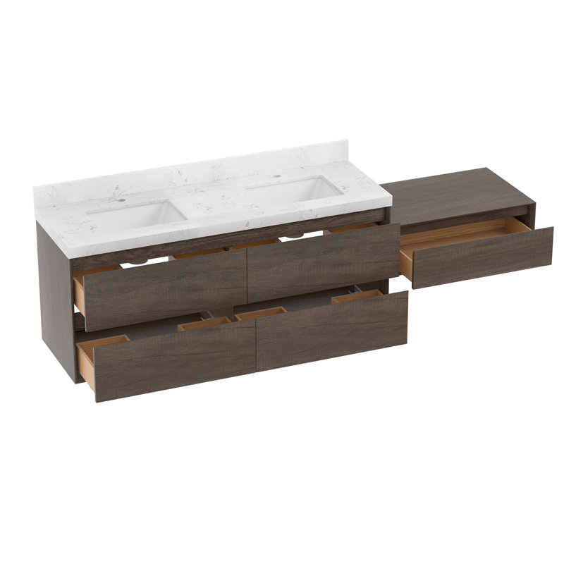 Ensemble de meuble-lavabo mural 90 po avec comptoir en pierre et armoire de rangement modulaire