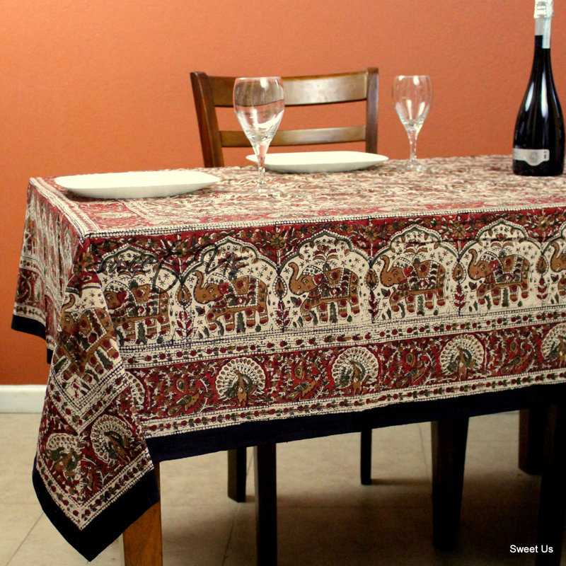 Cotton Floral Tablecloth Rectangle, 104" L x 70" W, Red/Green