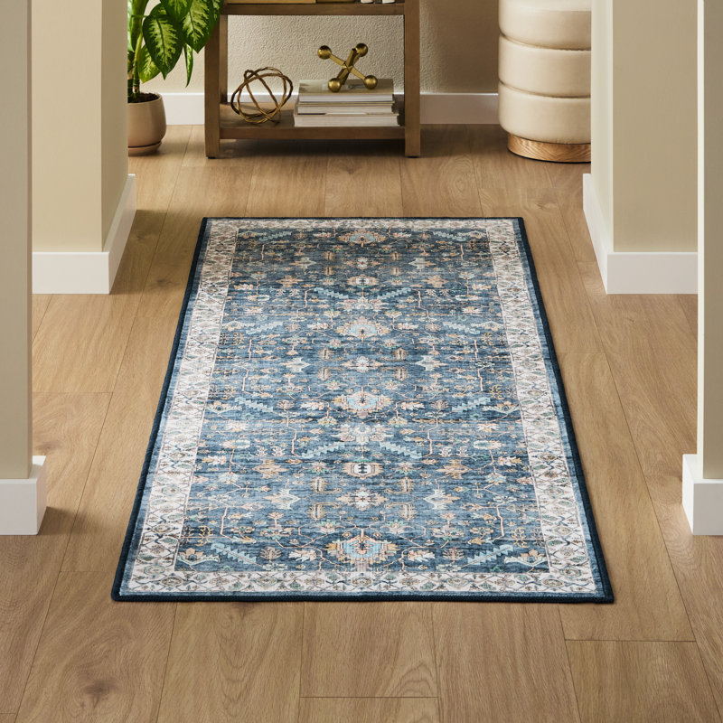 EVERWASH Haven Distressed Border Machine Washable Area Rug with AirFlo Technology, Blue, 2'6"x7', Blue, 2 x 7