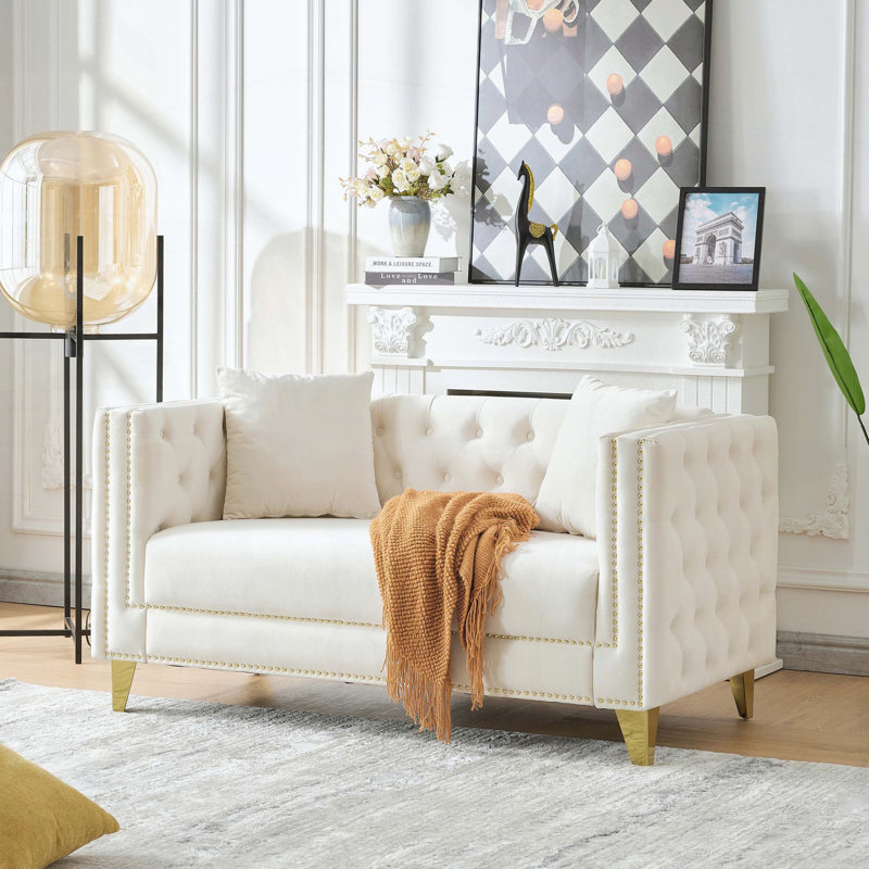 Canapé Chesterfield 2 places avec velours, Beige