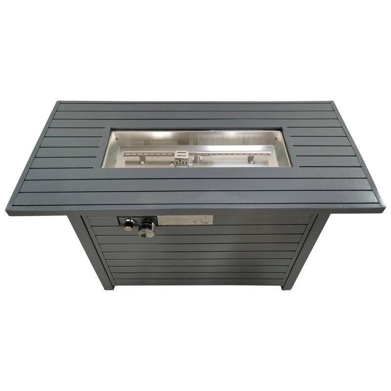 Table de foyer au propane en acier gris avec couvercle, 50000, temps de combustion de 8 heures, allumage par bouton-poussoir, H 25 po x l 42 po, table requise pour l'assemblage: l 42 po x H 25 po, zone de combustion en acier inoxydable