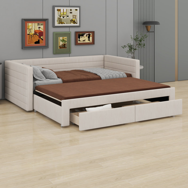 Structure de lit de jour rembourré avec lit gigogne et tiroirs de rangement, Beige