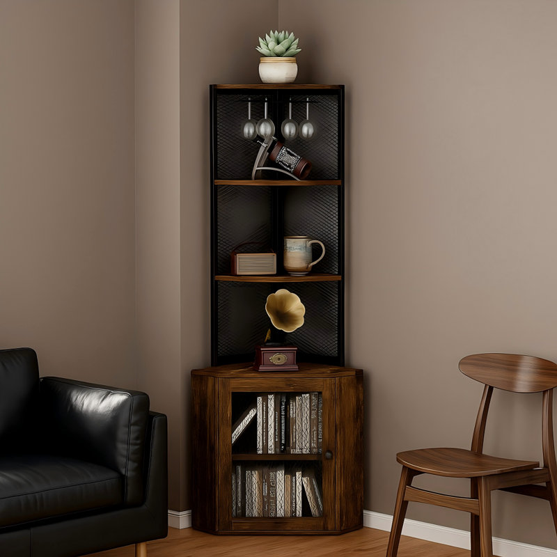 Rustic Brown 65’’ 6-Tier Corner Storage Cabinet with Charging Station and Wine Glass Rack