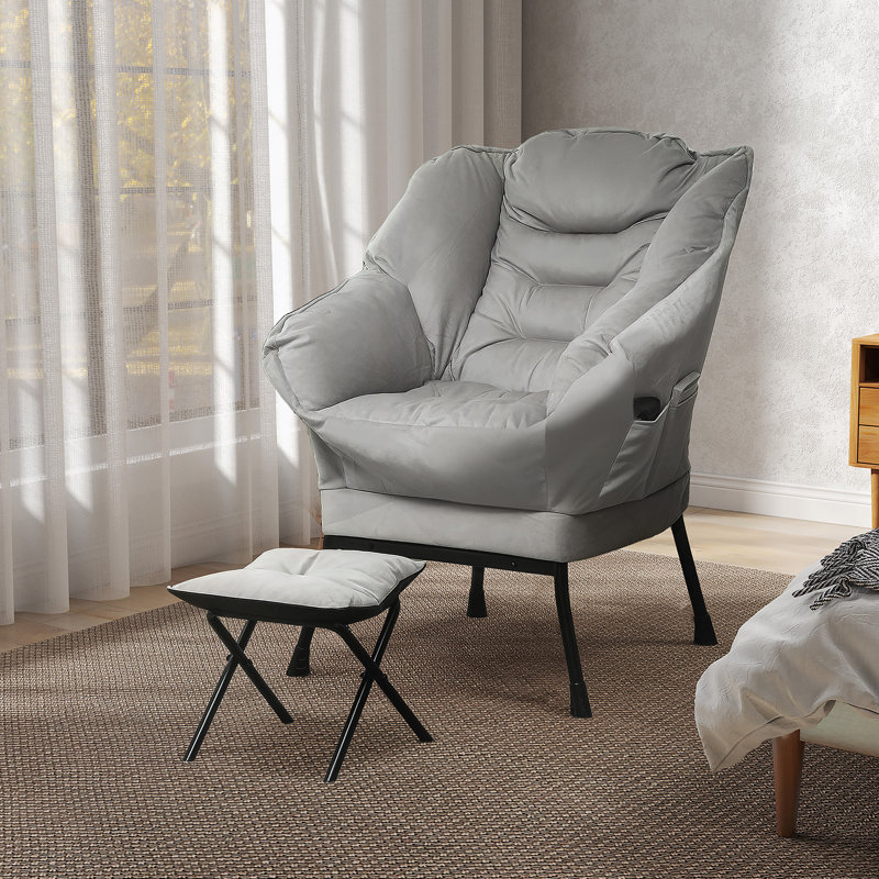 Lazy Chair , Fabric Upholstered Accent Chair With Side Pockets,  Light Grey