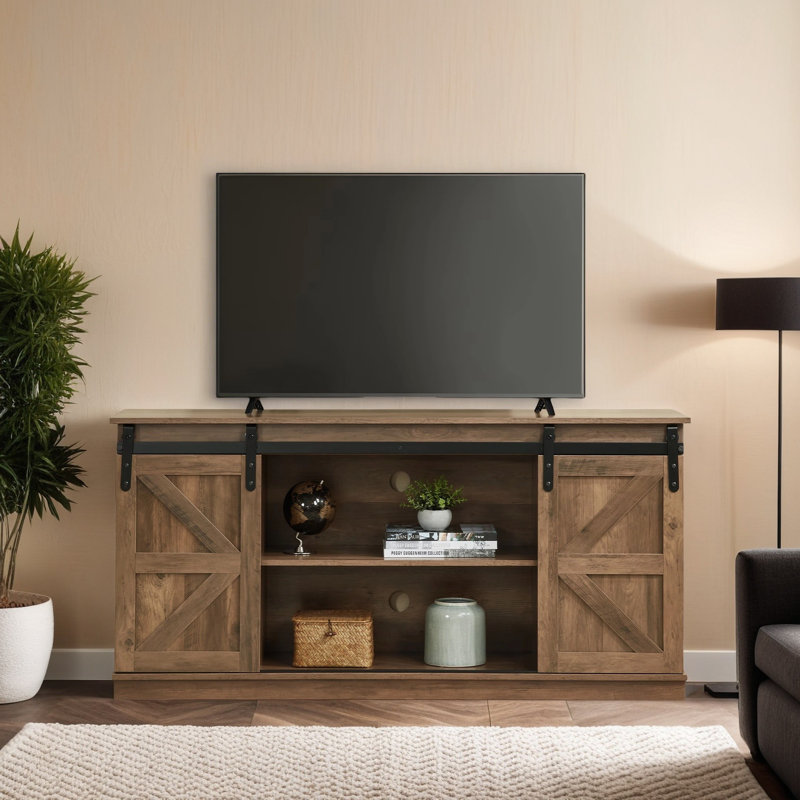58 inch farmhouse TV stand, suitable for 65 inch TVs, entertainment center with sliding barn doors and adjustable shelves, console table with storage space