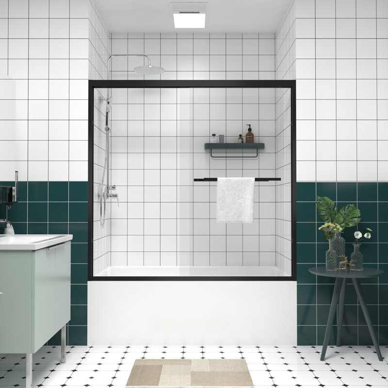 56-60-inch Matte Black Aluminum Frame Bypass Bathtub Screen, Matte Black