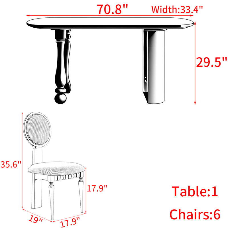 Ensemble de table à manger en bois massif de style français., H 29,5 po x L 70,8 po x l 33,4 po