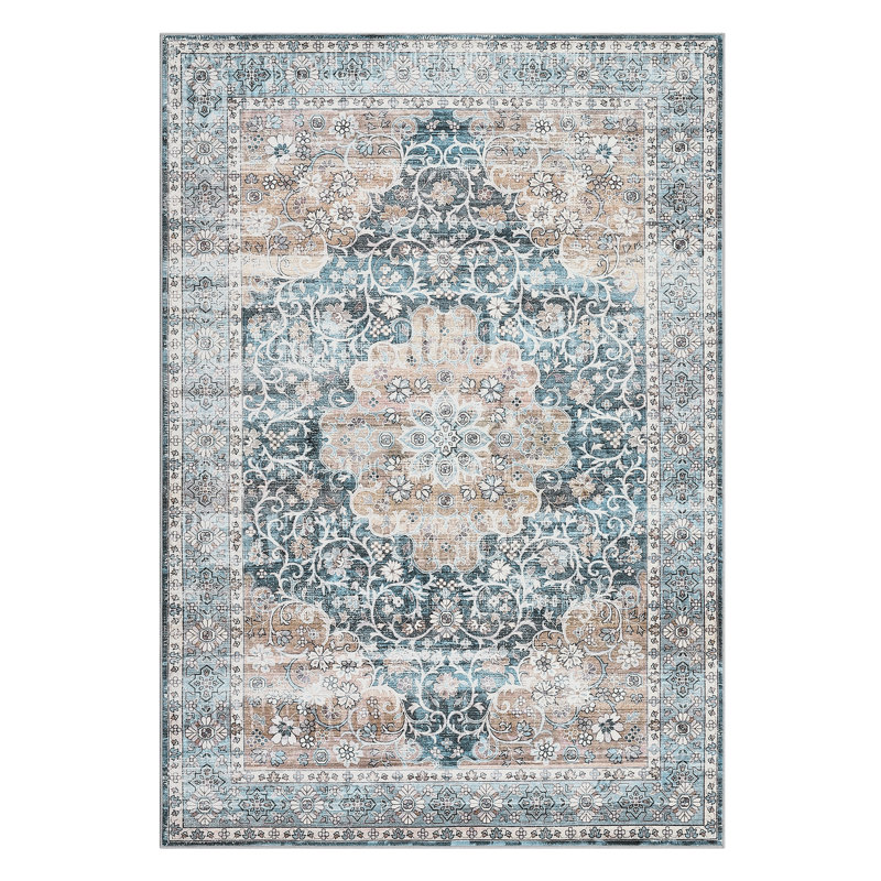 Oriental Machine Washable Rug with Rubber Backing for Living Room Floral Non-Slip Area Rug Vintage Indoor Carpet Non-Shedding Rug for Bedroom Dining Room Hallway Kitchen Office Playroom Nursery