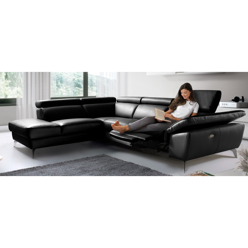 Power Reclining European Sectional with Adjustable Headrests & Armrest Veeha from Italian Leather Veeha, Left Hand Facing
