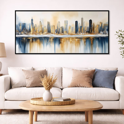 «Blue Gold Chicago Winter Cityscape», reproduction d'art sur toile encadrée nordique
