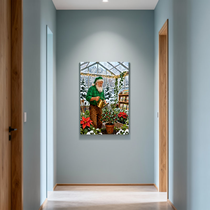 Père Noël de jardinage dans une serre avec des poinsettias, H 30 po x l 20 po