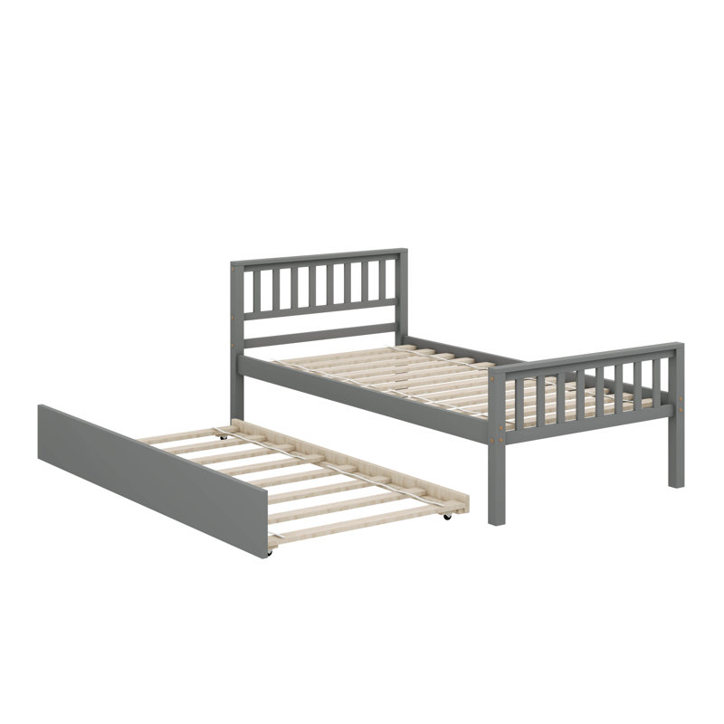 Structure de lit plateforme en bois robuste avec lit gigogne extensible, gris