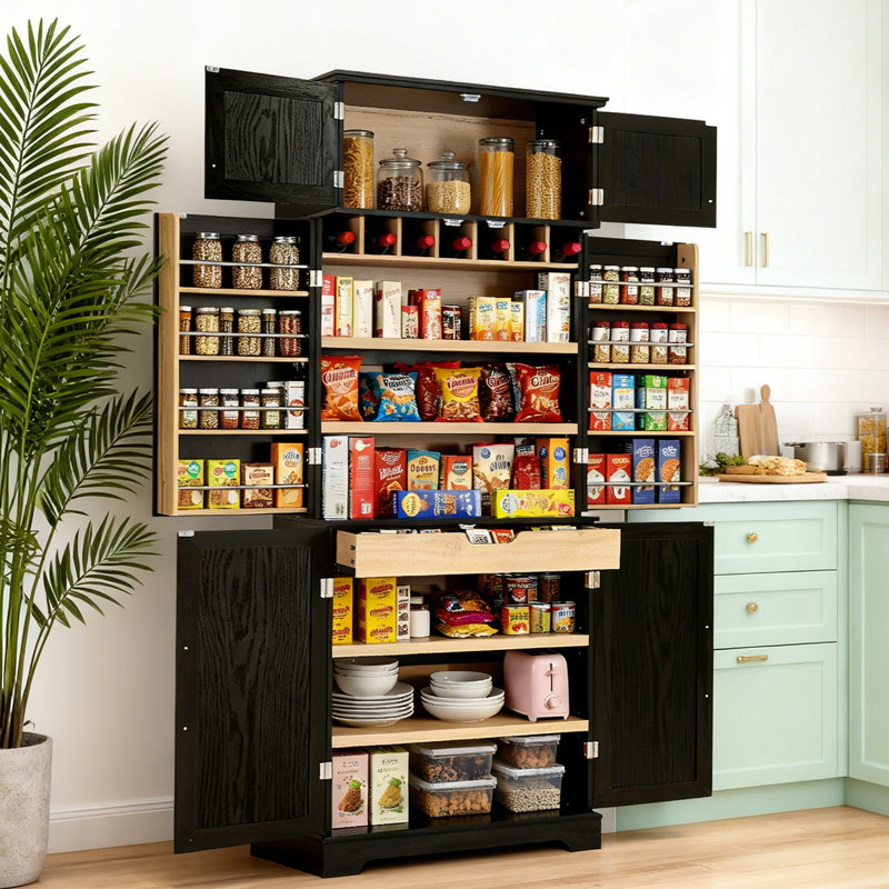 Armoire de cuisine avec tiroir caché et support à vin, Noir mat