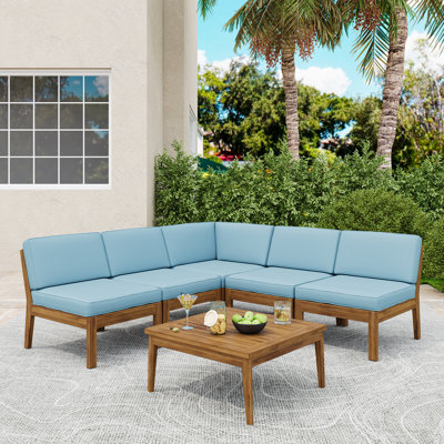 Ravina  6-Piece Modern Rustic Acacia Wood Outdoor Sectional Set With Coffee Table