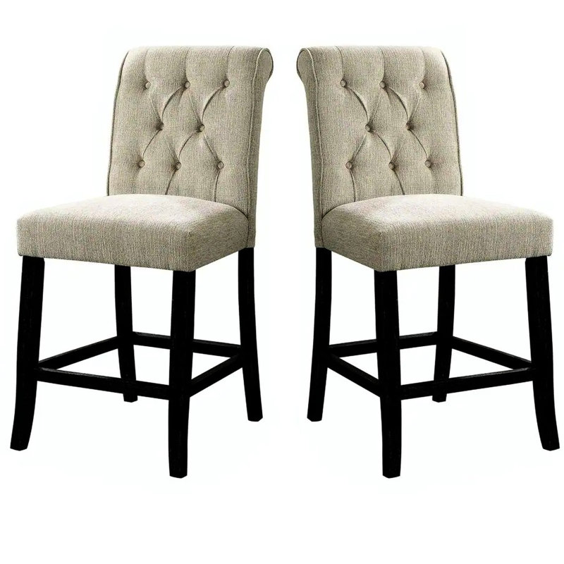 De 2 chaises de hauteur comptoir rustiques, tissu chenille beige recouvert de dossier et pieds noirs antiques pour la décoration de la maison