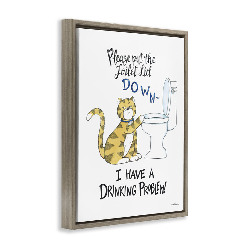 "Drôle de chat et de toilette" par Deb Strain, H 31 po x l 25 po, Cadre flottant orme Montalcino