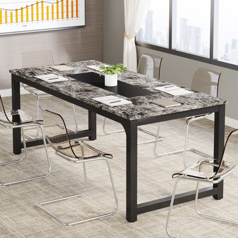 Solid Wood Rectangle Conference Table with 1 Chairs, 76.2cm H x 199.9cm W x 100.3cm D, Grey Marble, Black