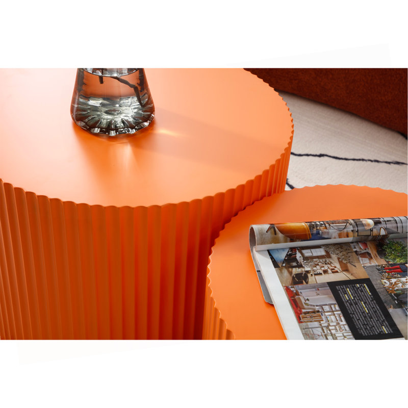 Ensemble de 2 tables gigognes en MDF, table basse artisanale ronde pour le salon / espace de loisirs, orange