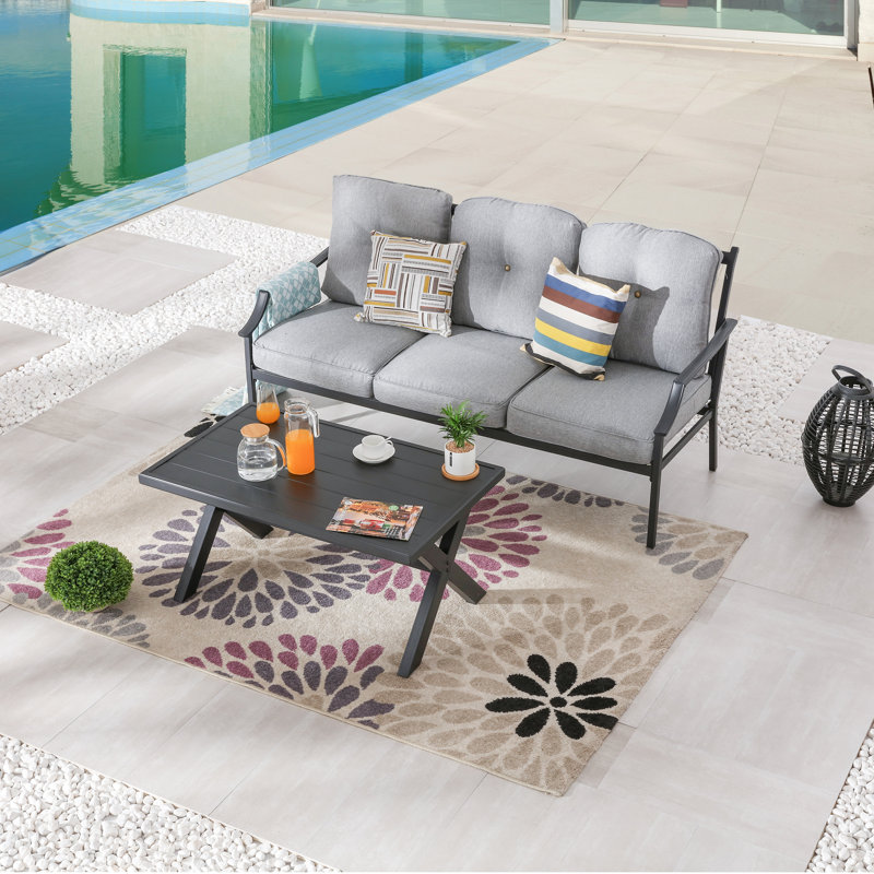 2-Piece Metal Outdoor Conversation Set With Cushioned Sofa And Coffee Table, Gray