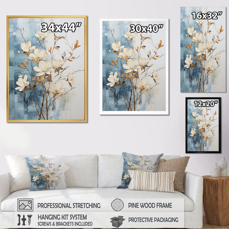 «Elegant White and Blue Magnolias Serenity III», reproduction sur toile, Cadre flottant blanc, 40" H x 30" W