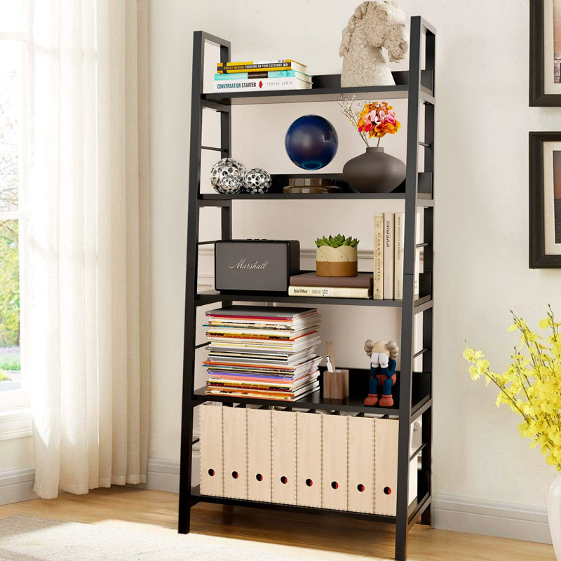 Eleri 5 Tiered Bookshelf, Ladder Shelf Etagere Bookcase, Wood and Metal Bookshelf, Walnut/Black