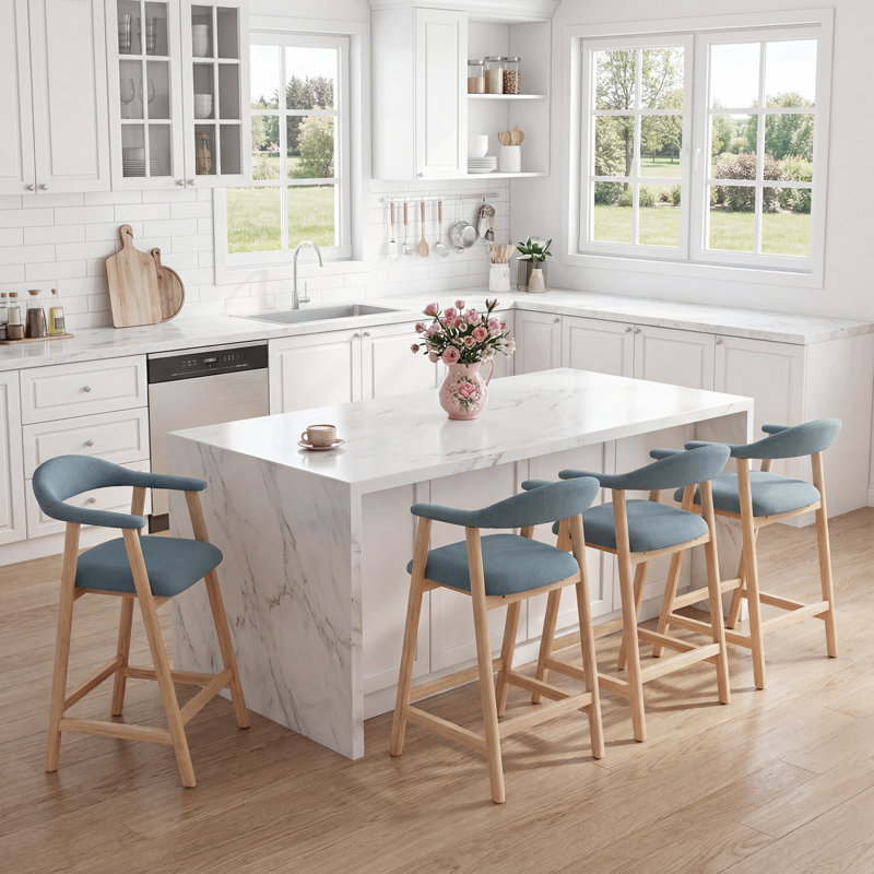 Tabouret de bar scandinave rembourré avec pieds en bois et dossier courbé, Linen Blend, 4, Bleu